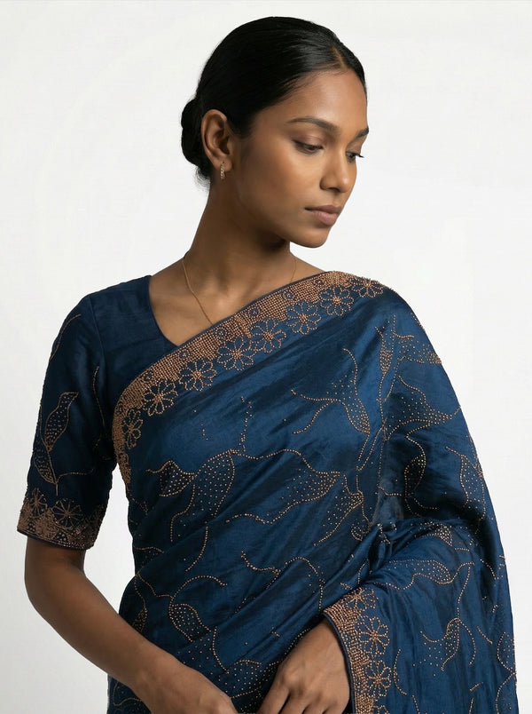 Vijithra Silk Deep Navy Blue Floral Stone Work Designer Saree
