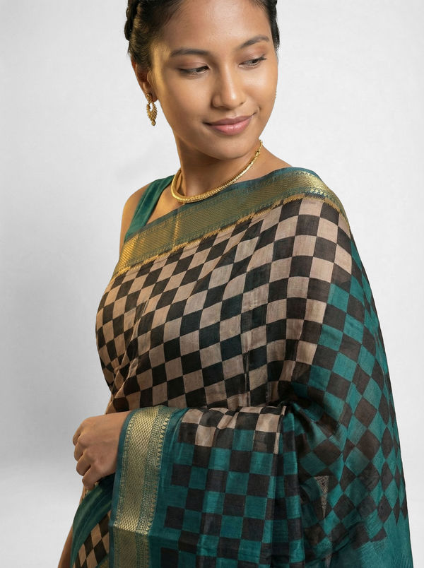 Chanderi Cotton Teal Checkered Saree