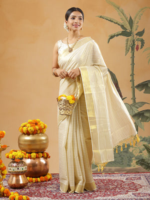 Golden Tissue Set Saree With Golden Bordered Off White Vertical Stripes On Body