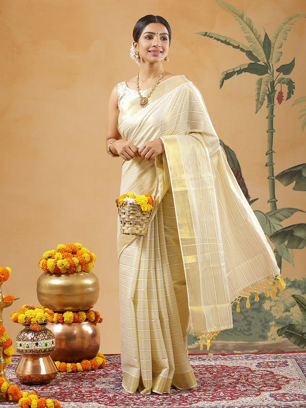 Golden Tissue Set Saree With Golden Bordered Off White Vertical Stripes On Body