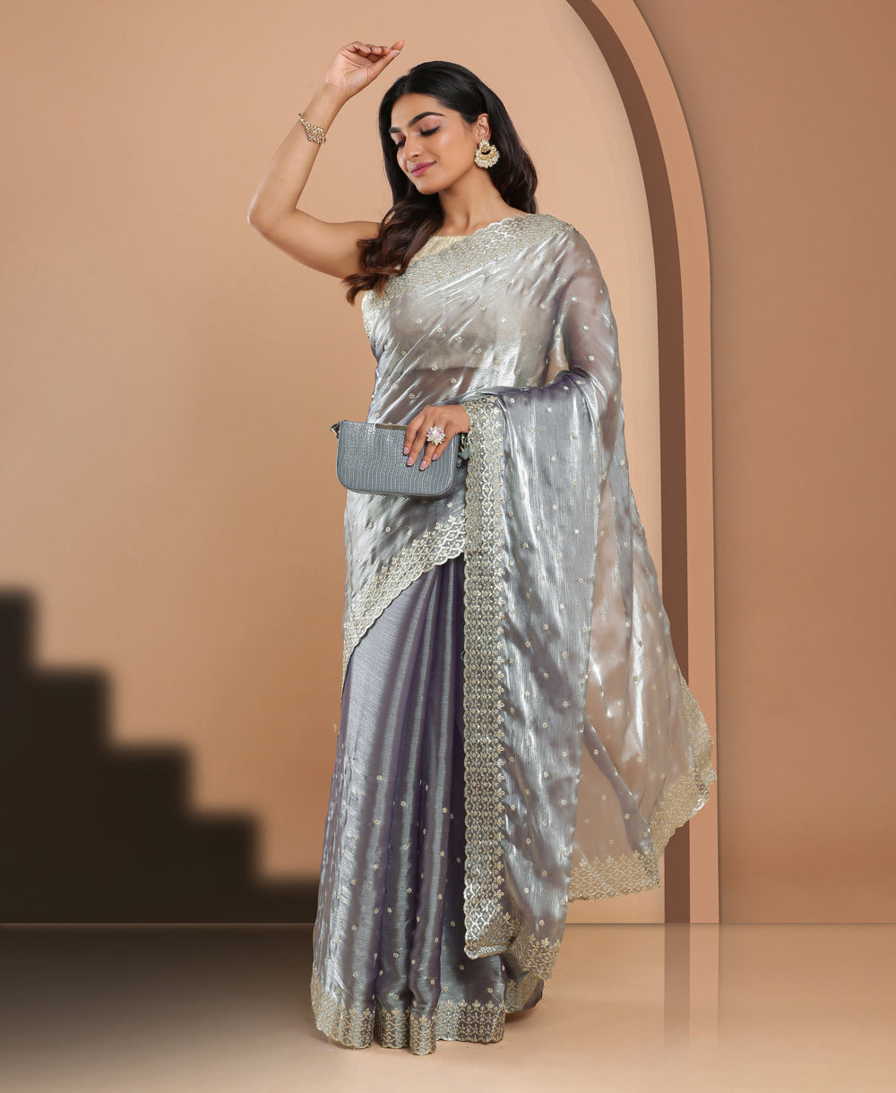 Organza Ethnic Wear Grey Colour Saree