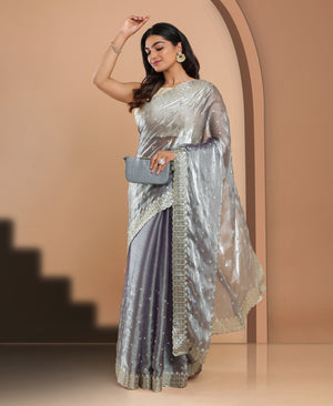 Organza Ethnic Wear Grey Colour Saree