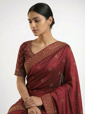 Vijithra Silk Maroon Red Stone Work  Border Designer Saree