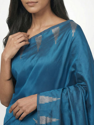 Semi Silk Ethnic Peacock Blue Saree with Traditional Tissue Work