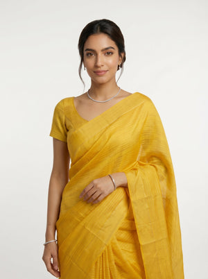 Semi Silk Bright Yellow Self Stripe Saree