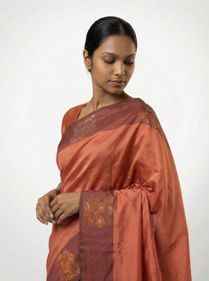 Art Silk Rust Orange Floral Butta Printed Saree with Contrast Border