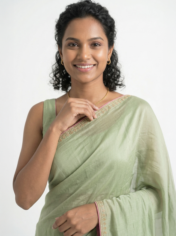 Organza Pastel Green Plain Saree with Minimal Embellished Border