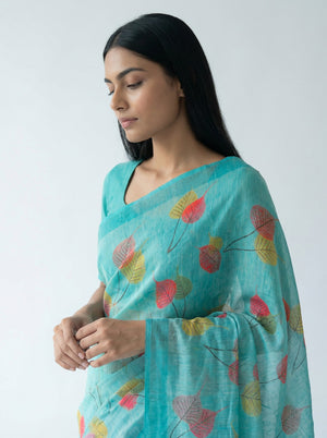 Cotton Sea Blue Leaf Printed Saree with Elegant Border