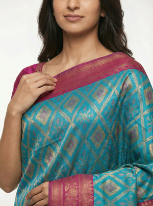 Semi Silk Women’s Peacock Blue Saree with Contrast Wine Blouse