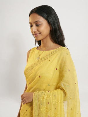 Chanderi Cotton Yellow Embroidered Floral Pattern Saree