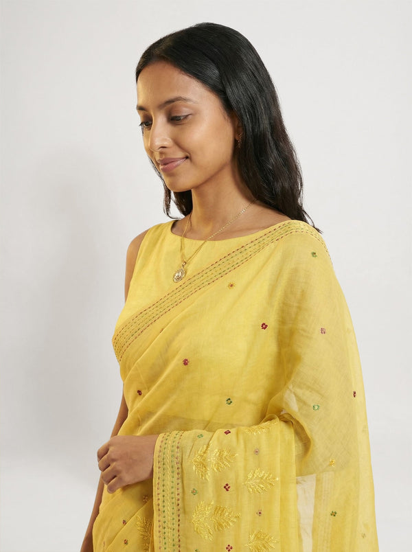 Chanderi Cotton Yellow Embroidered Floral Pattern Saree