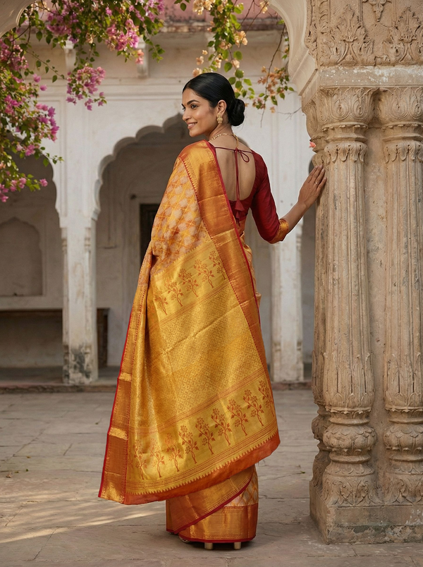 Kanjivaram Mustard Yellow and Maroon Broacade Saree with Geometric Diamond Jaal and Zari Border