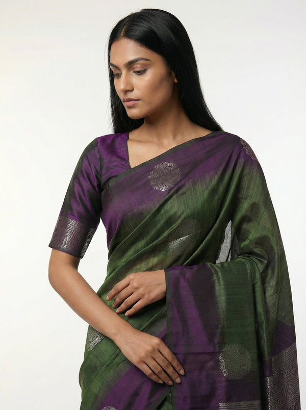 Art Silk Contemporary Green Purple Ethnic Saree with Zari Detailing