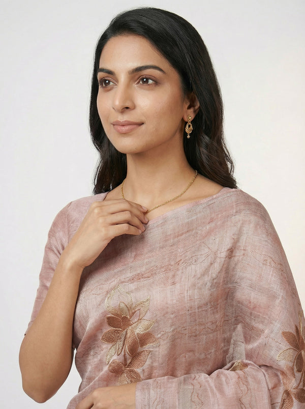 Semi Raw Silk Peach Saree with Modern Abstract Print