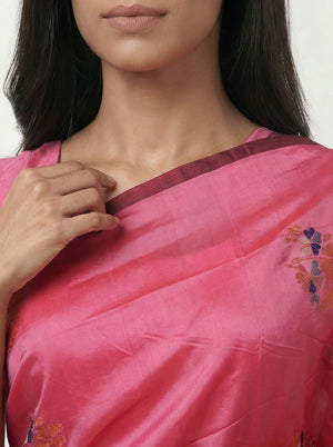 Semi Silk Rose Saree with Multicolour Zari Floral Design