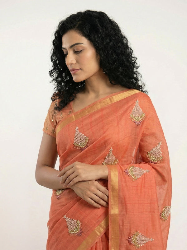 Chanderi Cotton Peach Orange Saree with Zari Border and Floral Butti Work