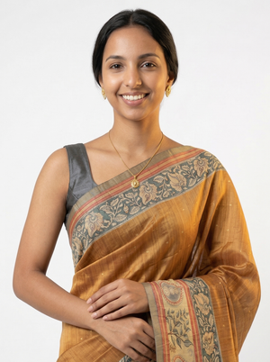 Chanderi Cotton Saree Mustard Yellow & Grey Floral Printed Pattern Saree