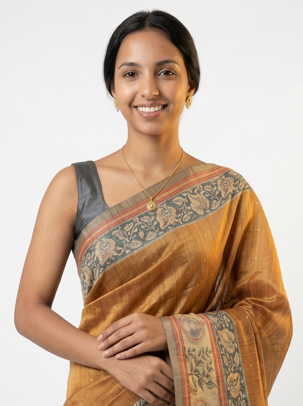 Chanderi Cotton Saree Mustard Yellow & Grey Floral Printed Pattern Saree