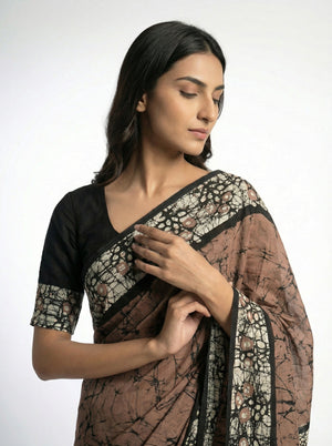 Cotton Coffee Brown Saree with Artistic Batik Design and Printed Pallu