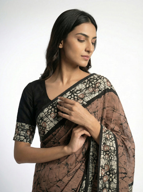 Cotton Coffee Brown Saree with Artistic Batik Design and Printed Pallu