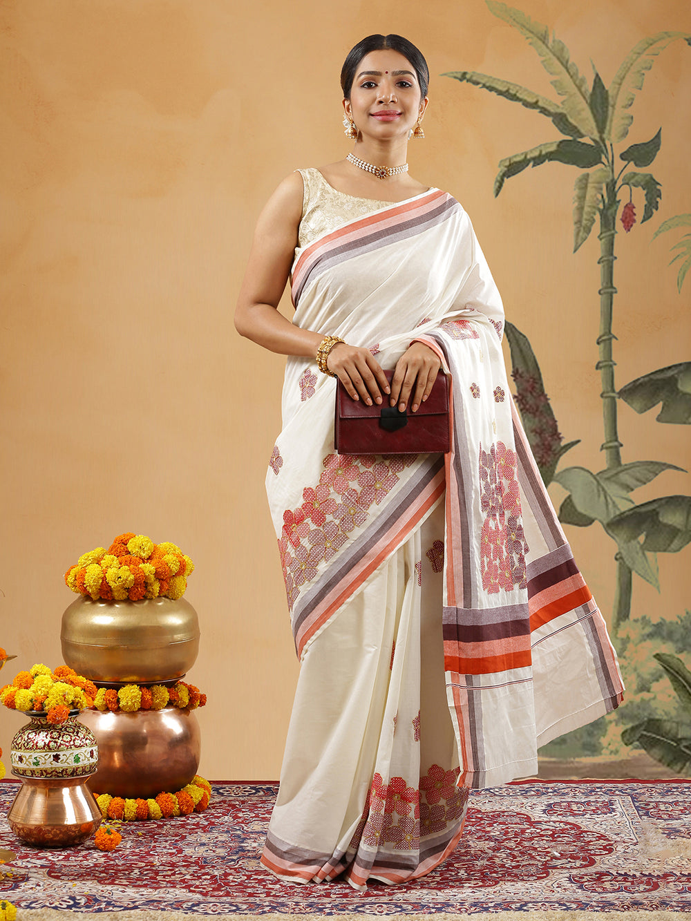 Off White Color Cotton Set Saree With Floral Machine Worked Buttas