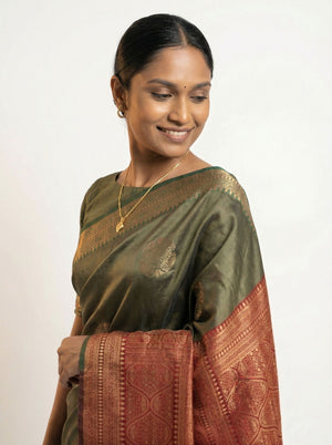 Art Silk Blend Olive Green Saree with Contrast Maroon Zari Woven Border and Pallu