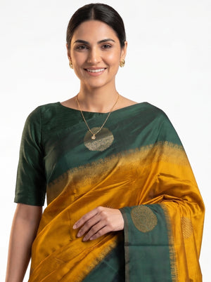 Art Silk Mustard Yellow and Dark Green Zari Woven Saree with Large Coins Butta