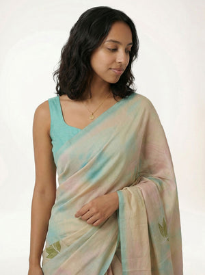 Chanderi Cotton Beige Lotus Printed Floral Saree