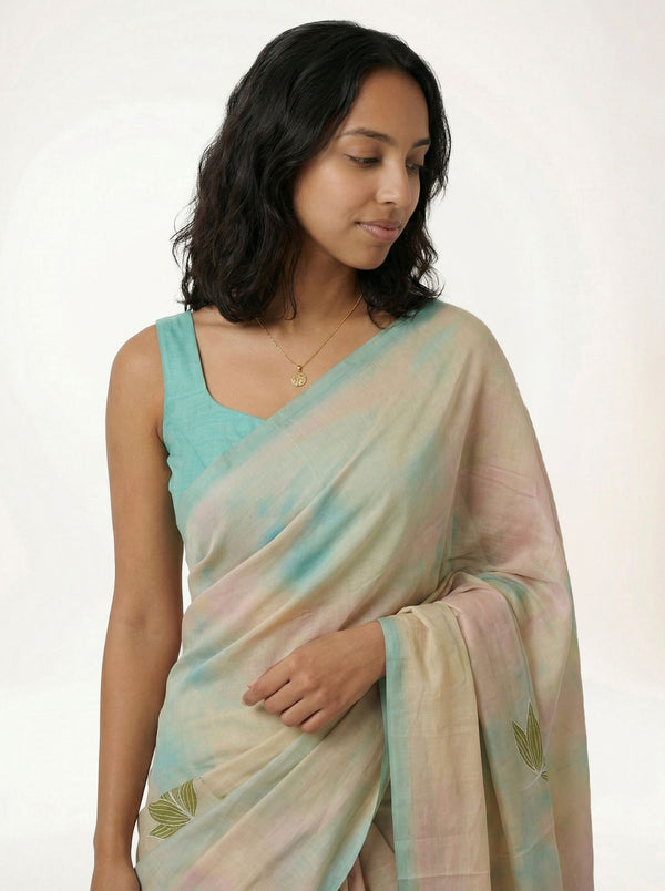 Chanderi Cotton Beige Lotus Printed Floral Saree