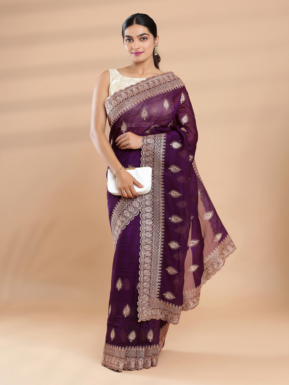 Wine With Purple Shade Crush Organza Saree With Embroidery On Body