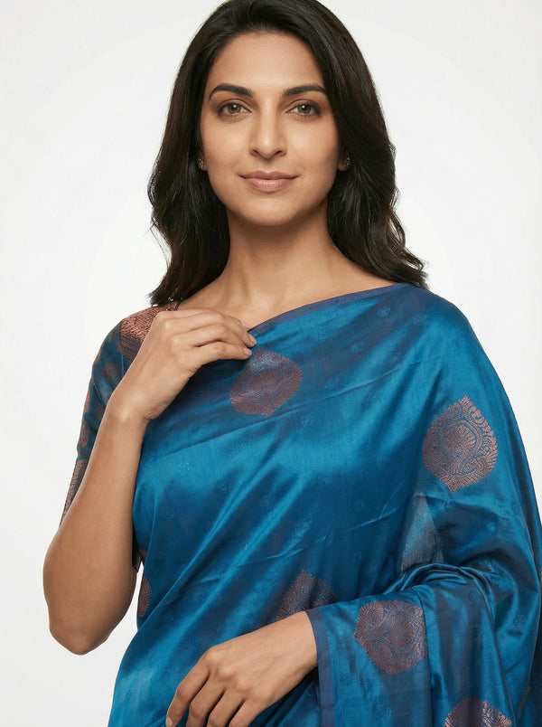 Semi Silk Elegant Kingfisher Blue Saree with Paisley Pattern Work