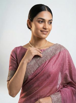 Shimmer Organza Rose Pink Designer Saree with Micro Dot Work and Embroidered Border
