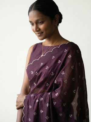 Organza Dark Purple Floral Butti Designer Saree with Scalloped  Border