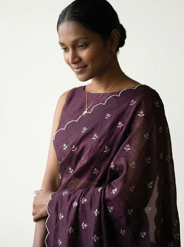 Organza Dark Purple Floral Butti Designer Saree with Scalloped  Border