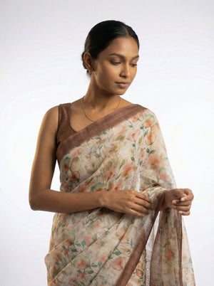 Cotton Cream Saree with Elegant Floral Prints All Over The Body