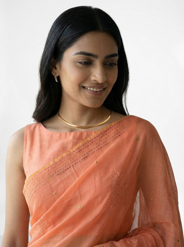 Chanderi Cotton Peach Embroidered Floral Pattern Saree