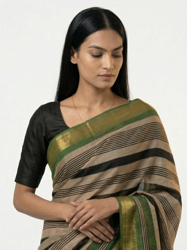 Cotton Beige Black Striped Saree with Traditional Green Border Design