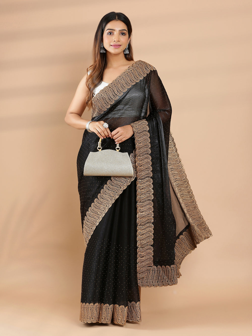 Black Color Glass Organza Saree With Golden Mini Stone Work All Over Design