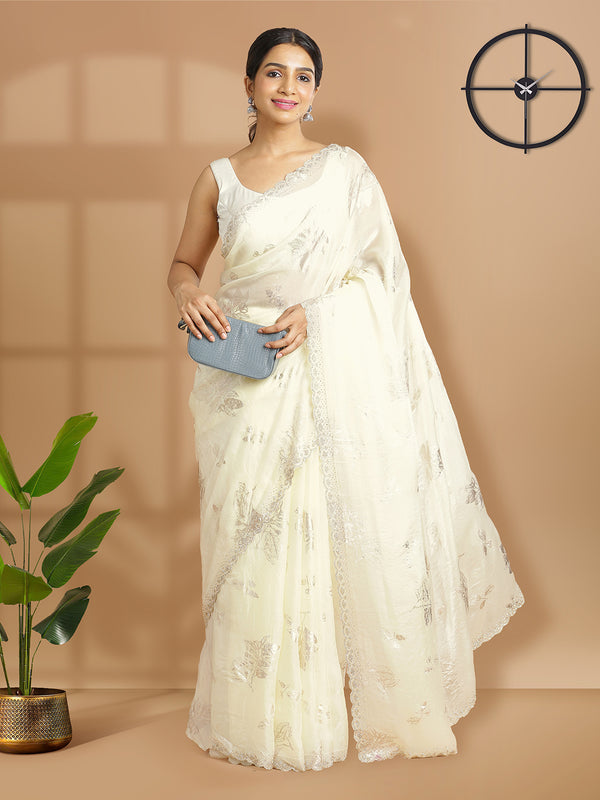 Cream Color Soft Organza Chiffon Saree With Foil Floral Print Over Body