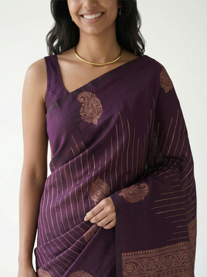 Semi Silk Deep Purple & Gold Striped Zari Pattern Saree