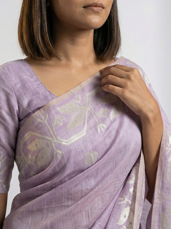 Semi Chanderi Lavender Saree with Small Butta Pattern Blouse