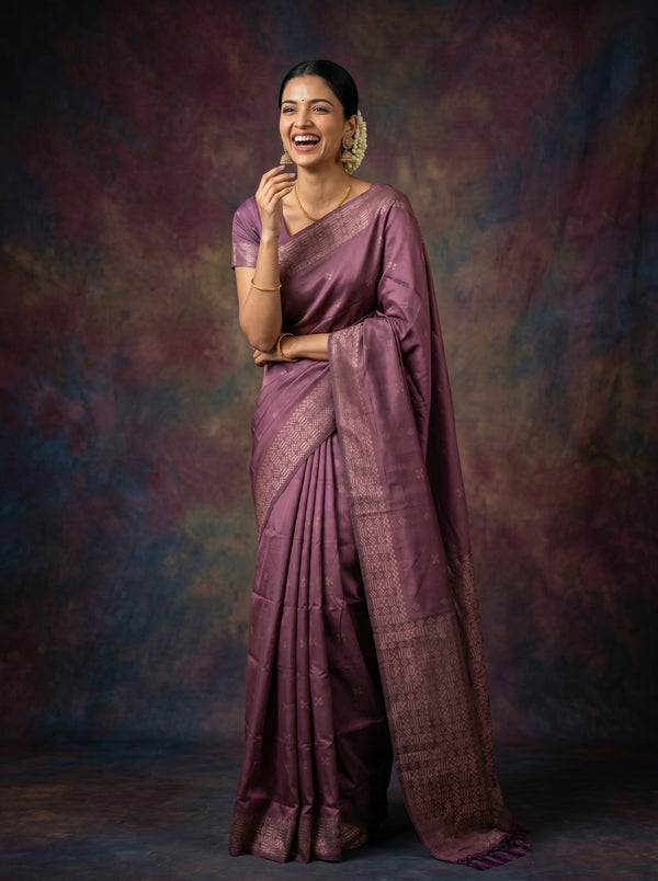 Woman wearing a purple saree against a dark background