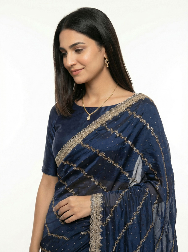 Shimmer Organza Blue Diagonal Stripe Designer Saree with Sequin Work and Embroidered Border