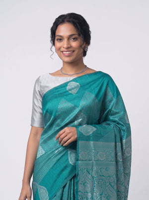 Art Silk Teal Green Silver Zari Woven Saree with Stripes and Paisley Butta