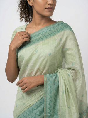 Chanderi Premium Sage Green  Saree with Detailed Butta Blouse