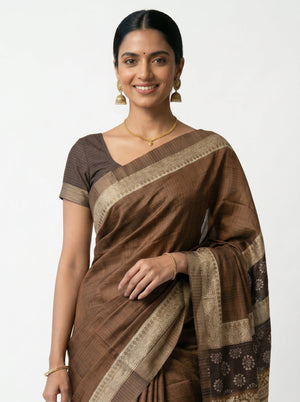 Semi Jute Coffee Brown Traditional Motif Border Saree