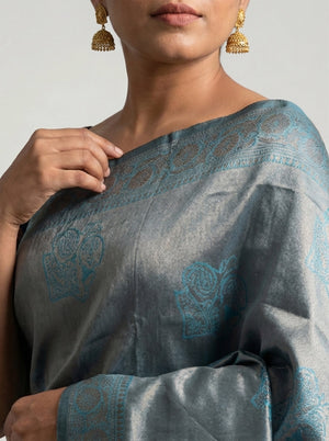 Semi Silk Powder Blue Festive Wear Saree with Designer Floral Buttas