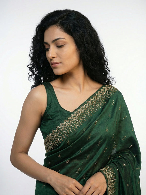 Vijithra Silk Elegant Green  Stone Work Party Wear Saree