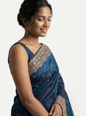Vijithra Silk Navy Blue Zari Embroidered Designer Saree