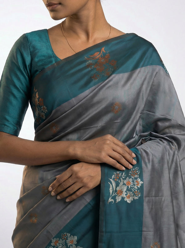Art Silk Dark Grey Floral Design Saree with Contrast Border